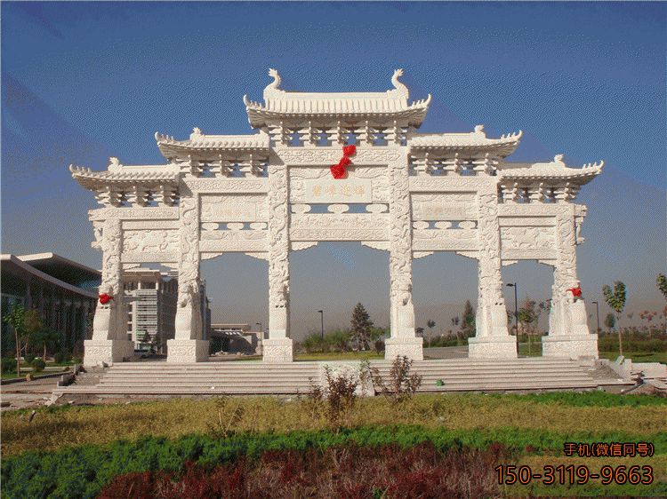 漢白玉五門(mén)牌坊_公園三間四柱牌樓雕塑