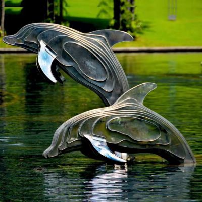 不銹鋼海豚雕塑，池塘水景抽象海豚景觀動(dòng)物雕塑