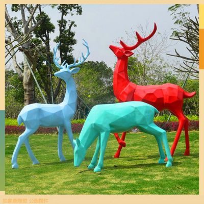 玻璃鋼梅花鹿，幾何形塊面抽象動(dòng)物雕塑