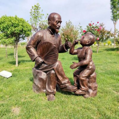 爺爺和孫子，民俗人物情景雕塑