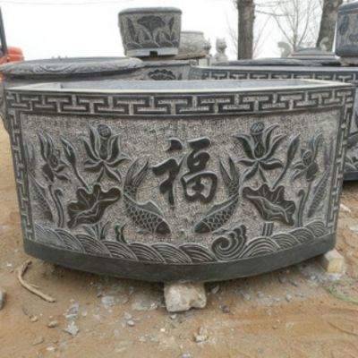 青石浮雕荷花鯉魚(yú)福字長(zhǎng)形養(yǎng)魚(yú)水缸體院擺件