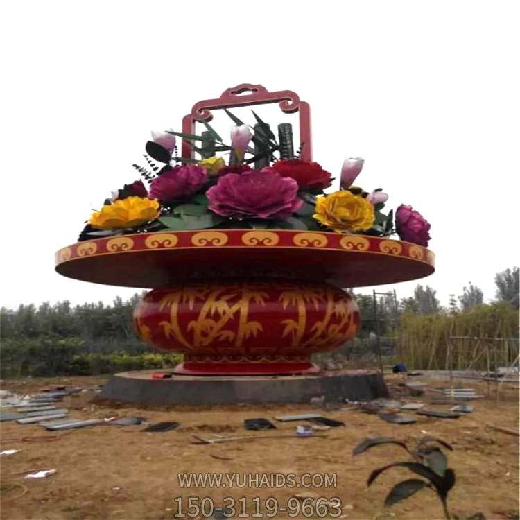 公園廣場大型玻璃鋼景觀花籃，慶典大花籃雕塑