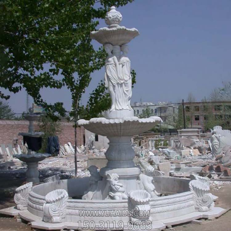 漢白玉石雕噴泉，歐式人物裝飾噴泉流水缽雕塑