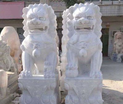 祠堂漢白玉石雕一對(duì)看大門(mén)口的鎮(zhèn)宅獅子雕塑