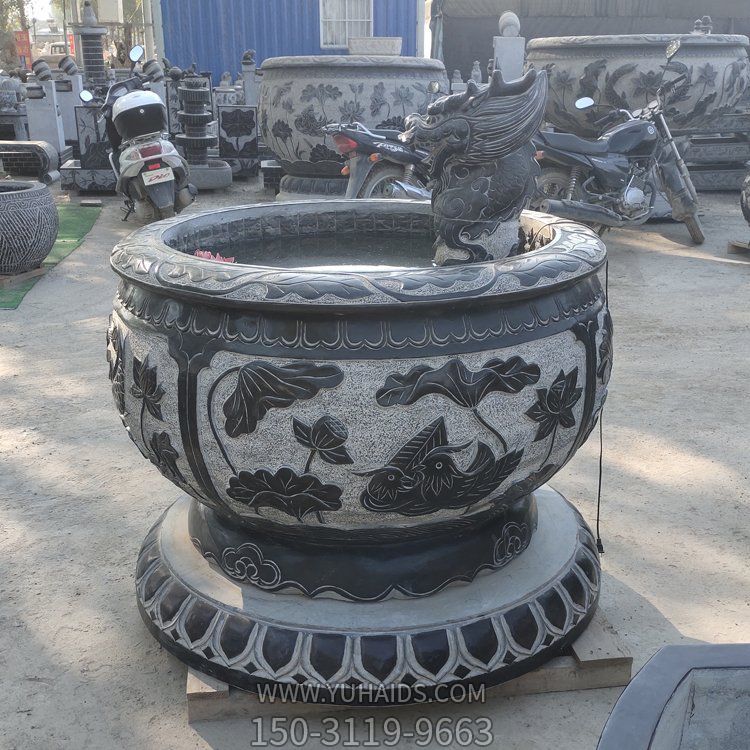 石雕青石魚缸仿古做舊圓缸流水?dāng)[件 園林庭院裝飾擺件雕塑