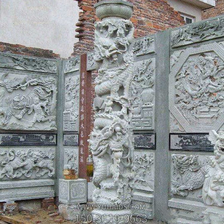 古建高浮雕壁畫，盤龍柱雕塑