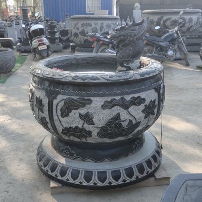 石雕青石魚缸仿古做舊圓缸流水?dāng)[件 園林庭院裝飾擺件