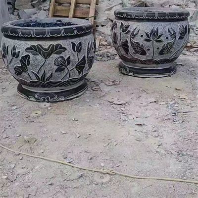 鯉魚，荷花，荷葉紋飾石雕水缸