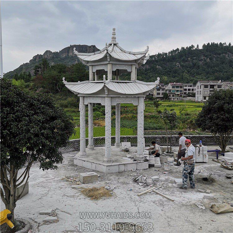 石雕涼亭，雙層六柱石亭子雕塑