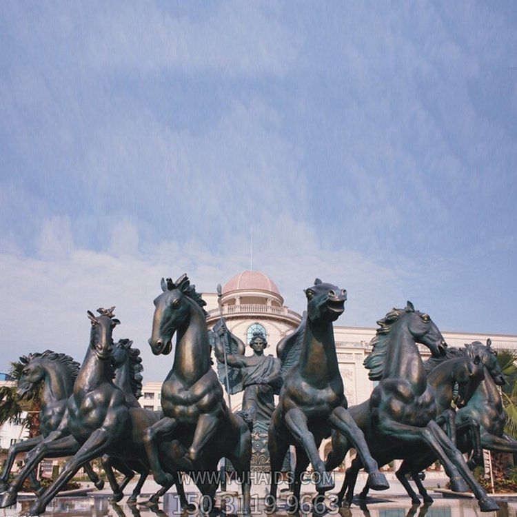 廣場(chǎng)大型玻璃鋼仿銅阿波羅展翅景觀雕塑，戶(hù)外園林馬群雕塑