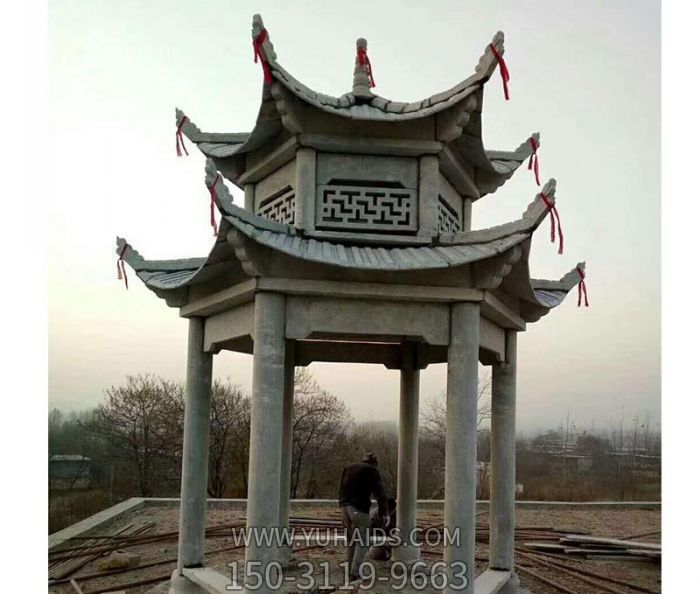 中式庭院陽(yáng)臺(tái)裝飾擺放雙層六角休閑涼亭雕塑