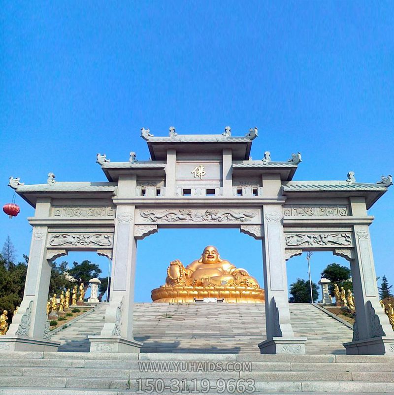 佛教寺廟景觀擺放新中式三門(mén)石雕牌坊雕塑