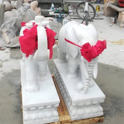 企業(yè)擺放招財(cái)納福漢白玉雕刻小象門(mén)墩雕塑