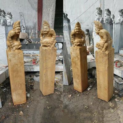 人物浮雕做舊仿古庭院門(mén)前擺放拴馬柱擺件